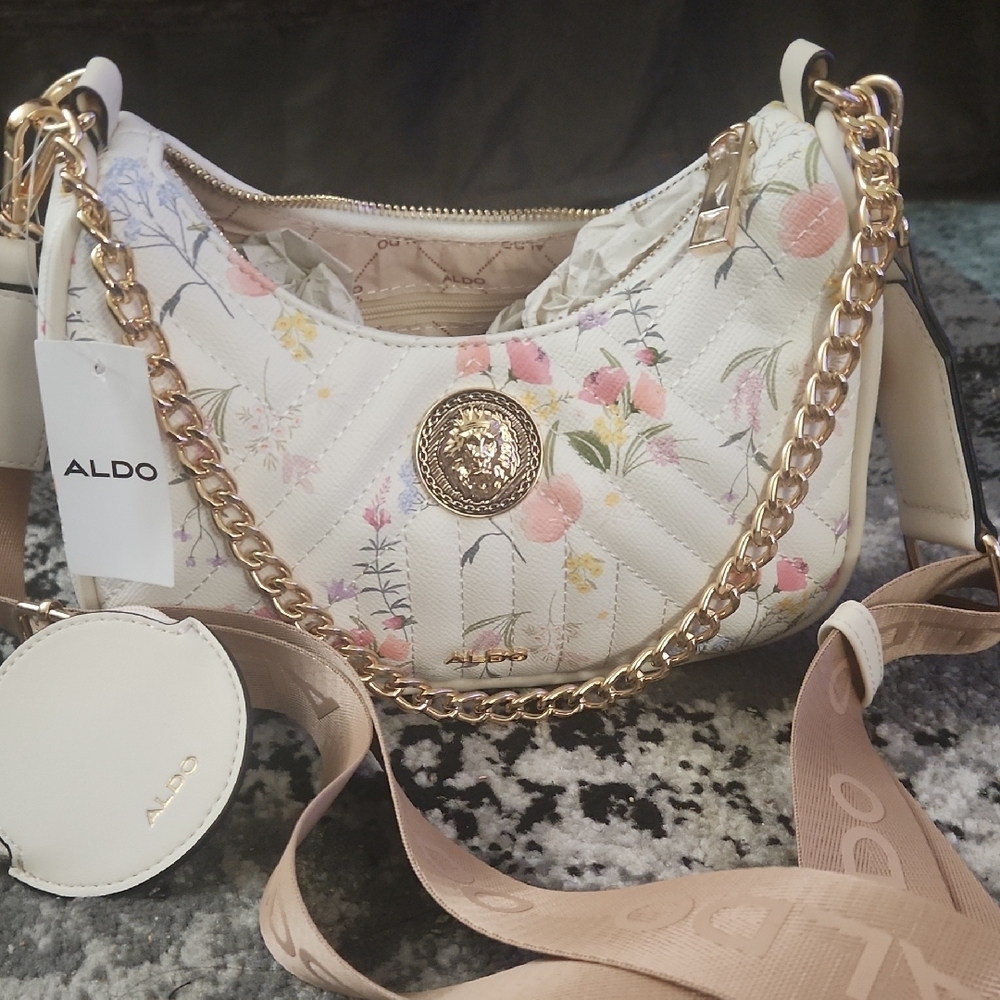 Aldo White Floral Shoulder Bag with Gold Chain